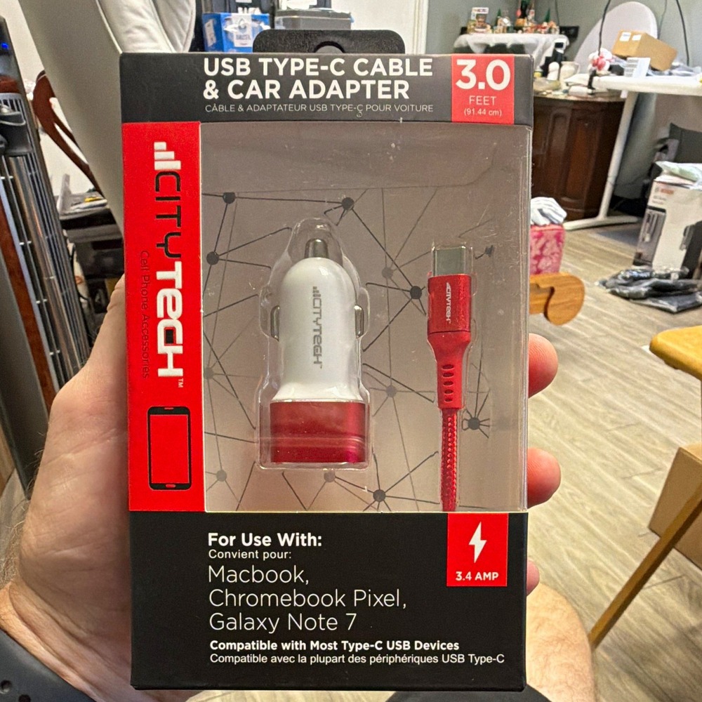 CityTech USB-C 3ft Cable + 3.4A Car Charger Adapter Fast Charge Anti-Tangle